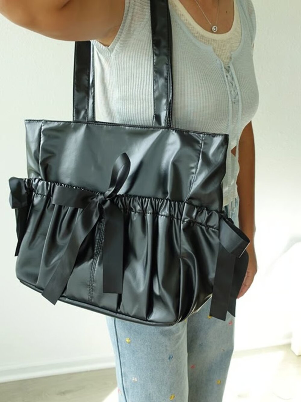 BLACK Bow Ita Tote Bag, Large Kawaii Shoulder Bag with Clear Window Pocket